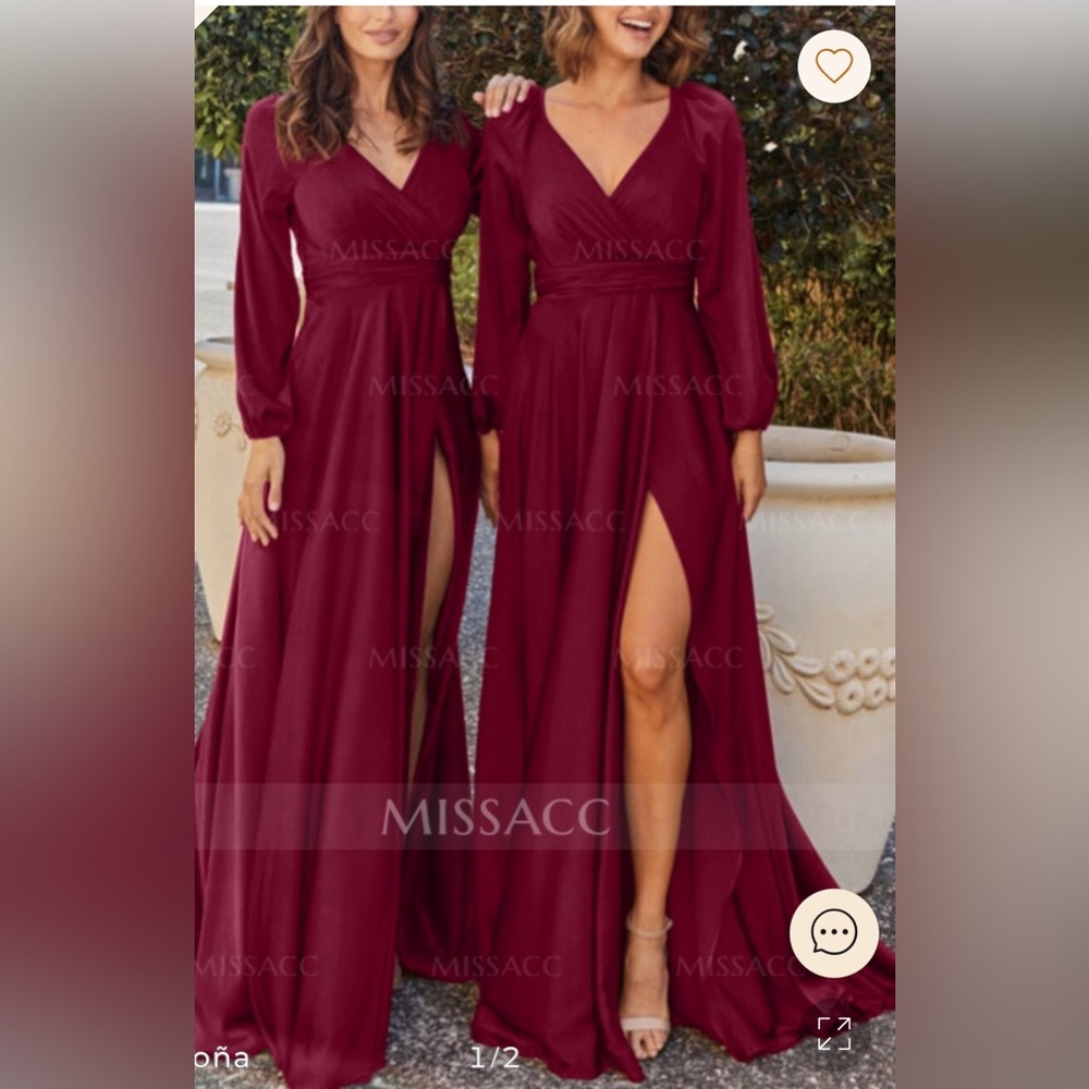 NWT A-Line V-Neck Long Sleeve Silk-Like Satin Bridesmaid Dresses with Front Slit